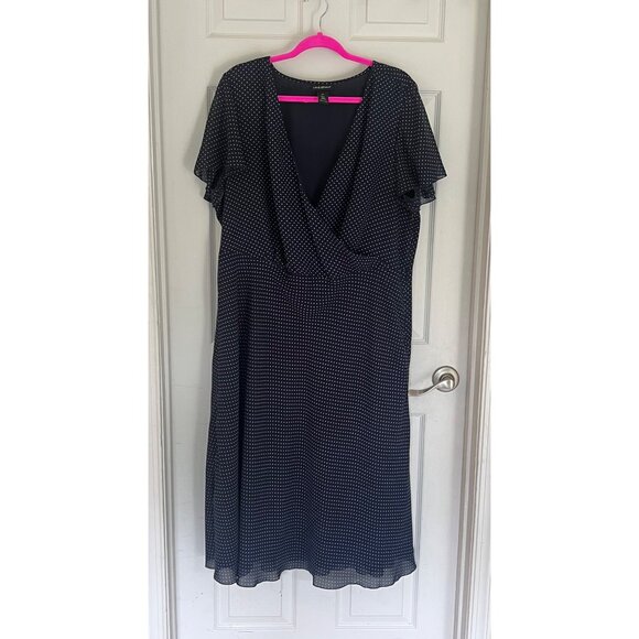 Lane Bryant Navy Blue Polka Dot Flutter Sleeve Midi Faux Wrap Dress Size 22 - Picture 1 of 12